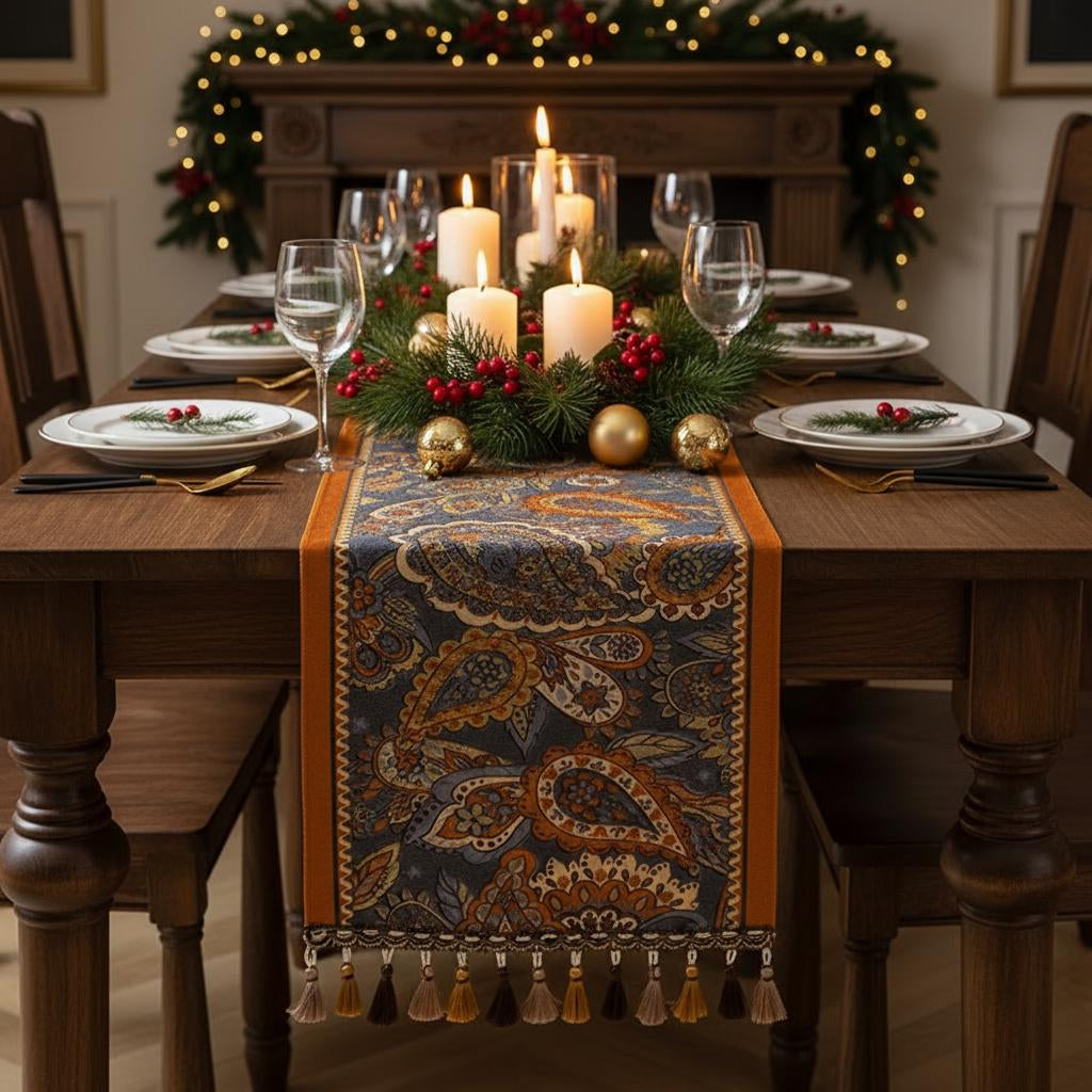 Boho Paisley Table Runner with Tassels | Farmhouse Vintage Fringe Runner | Wedding Holiday Decor