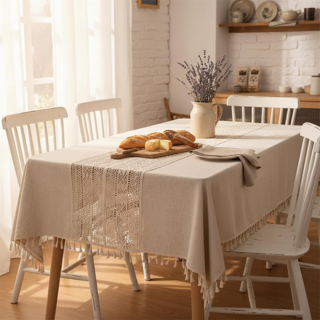 Crochet Tassel Tablecloth | Boho Farmhouse Lace Rectangle Table Cloth for Dining, Wedding & Christmas Decor