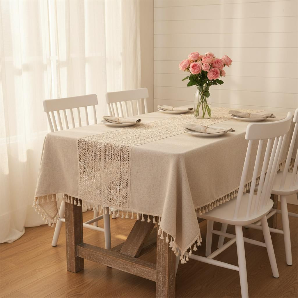 Crochet Tassel Tablecloth | Boho Farmhouse Lace Rectangle Table Cloth for Dining, Wedding & Christmas Decor