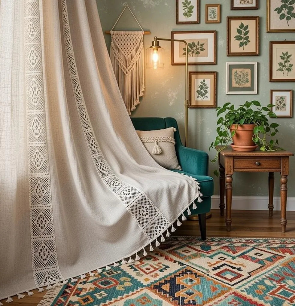 Crochet Lace Curtains Handmade Boho Tassel Trim Semi Blackout Window Treatment Farmhouse