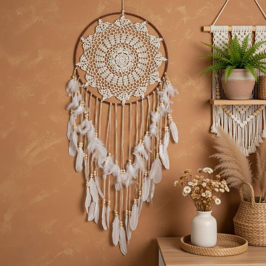 Large Boho Dreamcatcher with Feathers | Crochet Lace Hanging | Bohemian Bedroom Gift for Her