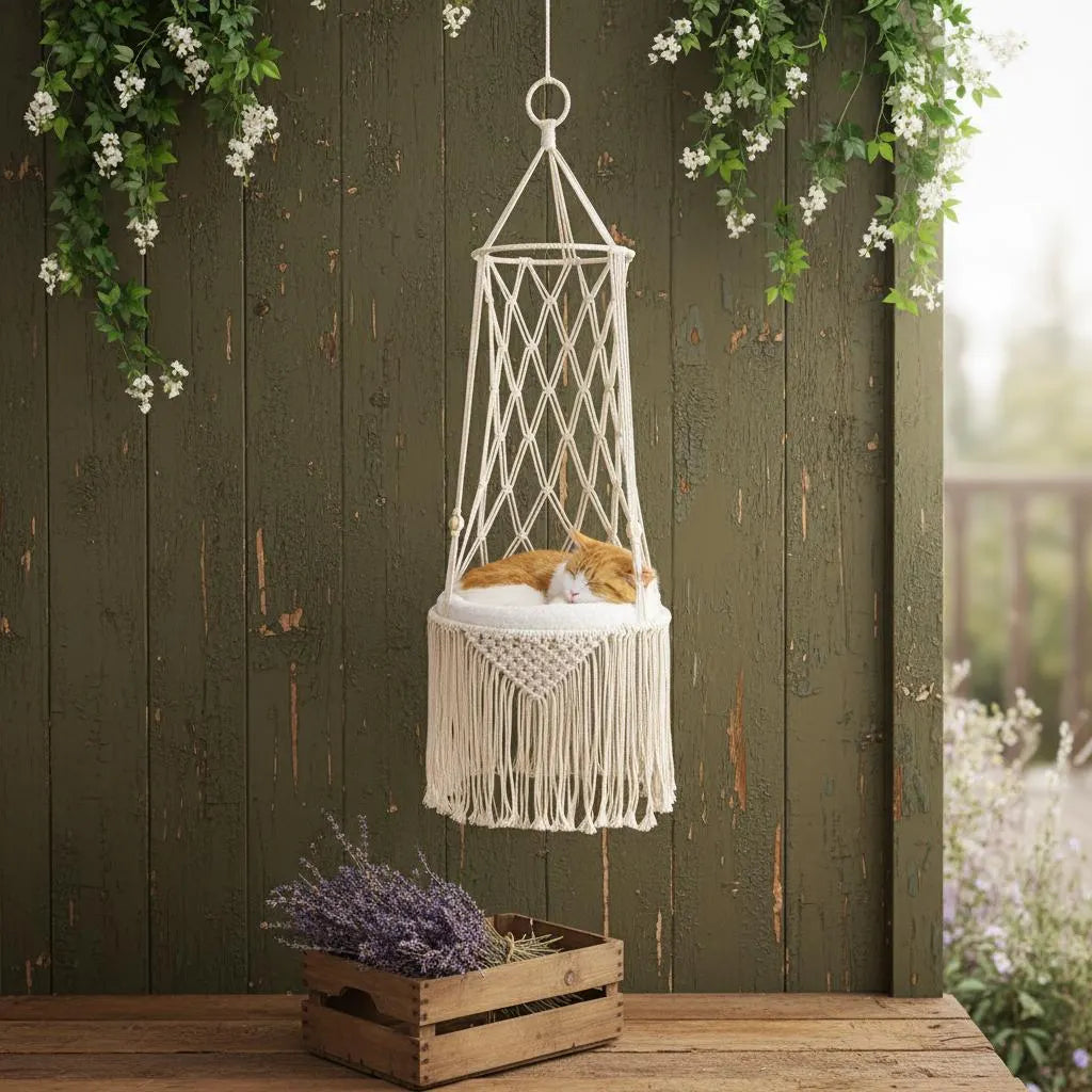 Macrame Cat Hammock – Handmade Fringe Hanging Bed, Boho Pet Decor, Cat Lover Gift