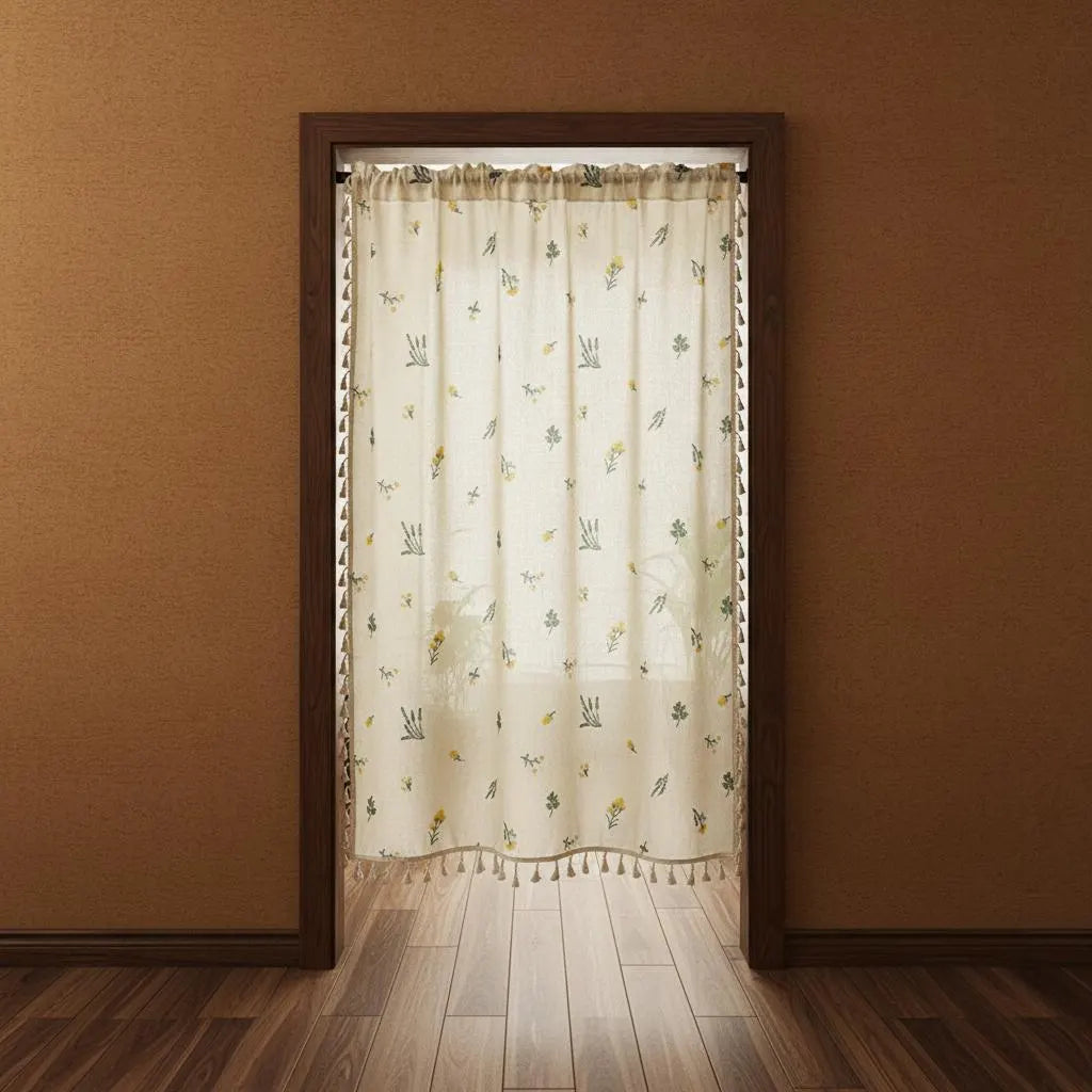 Boho Embroidered Linen Curtain Daisy Floral Farmhouse Rod Pocket Window Drape