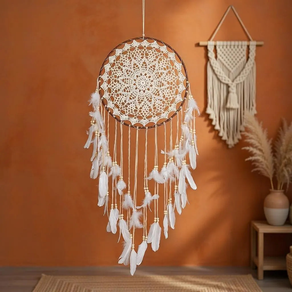 Large Boho Dreamcatcher with Feathers | Crochet Lace Hanging | Bohemian Bedroom Gift for Her
