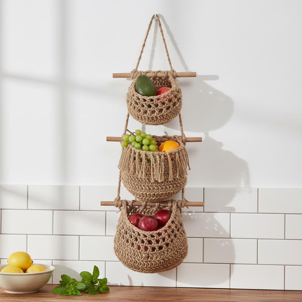 Macrame vegetable storage basket on white tile kitchen wall holding lemons and onions