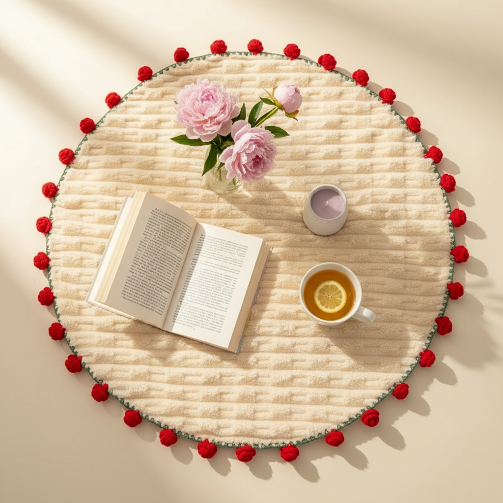 Round 3D rose blanket used as decorative table topper with book and coffee cup — bouquet blanket styled as floral home decor accent