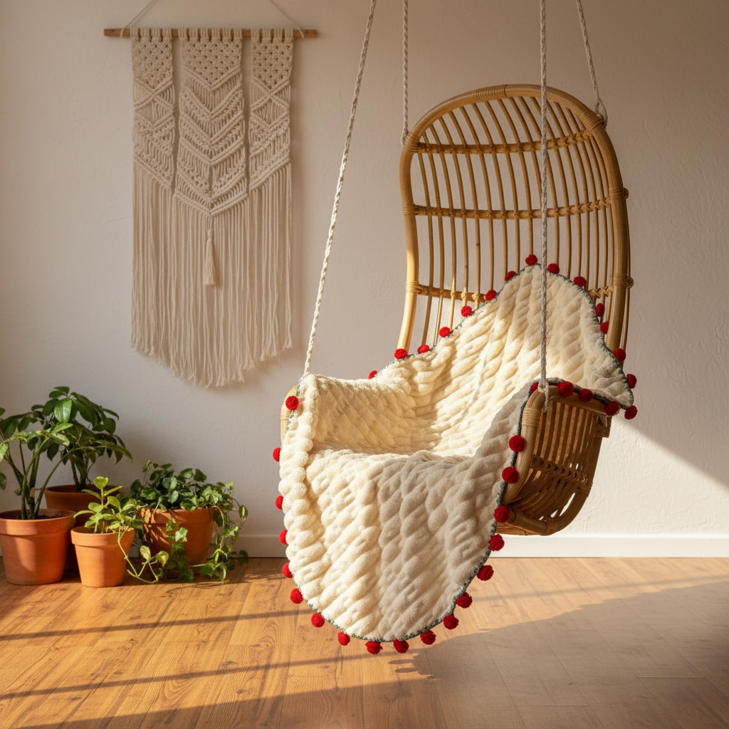 Soft rose blanket draped over rattan hanging chair in boho interior with macrame wall art — cottagecore decor anniversary gift idea