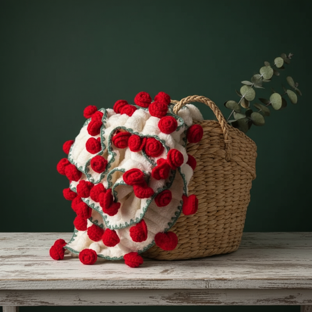 White rose bouquet blanket against dark green background with wicker basket — high contrast floral throw blanket gift presentation