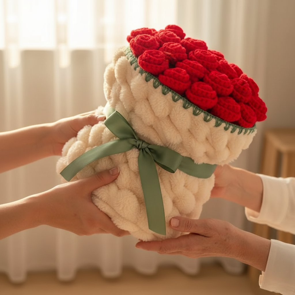 Close-up of rose bouquet blanket rolled and tied with ribbon — soft round floral throw ready to gift, birthday gift for her