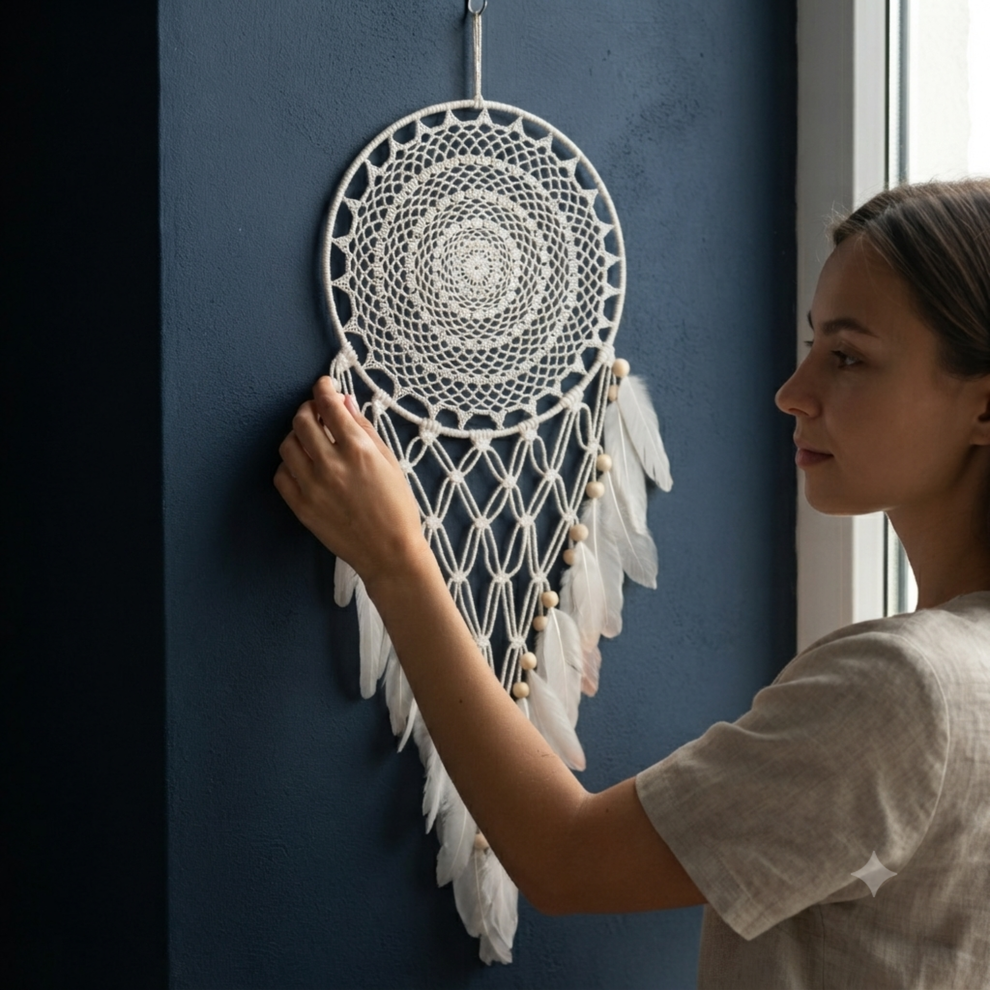 Woman hanging a large crochet dreamcatcher with wood beads and faux feathers on a navy blue wall