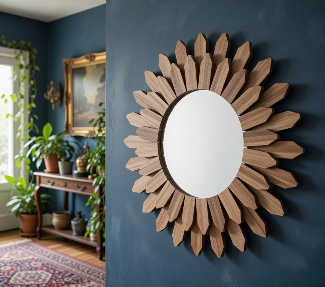Side angle of sunflower wall mirror showing wood petal depth — natural texture detail, boho decor