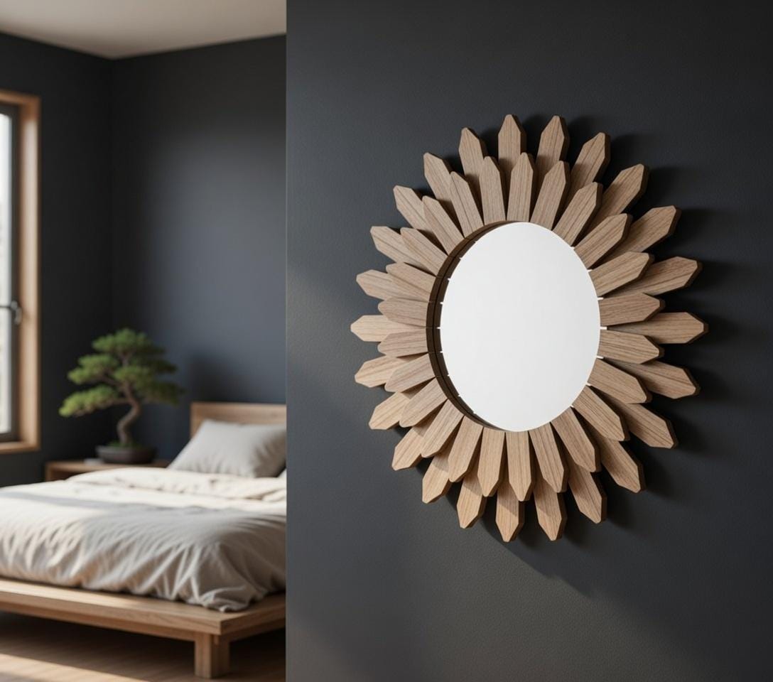 Side angle of sunflower wall mirror showing wood petal depth — natural texture detail, boho decor