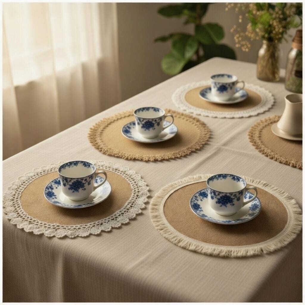Handmade round Burlap Placemats Set of 4 | Boho Farmhouse Crochet Lace Table Mats
