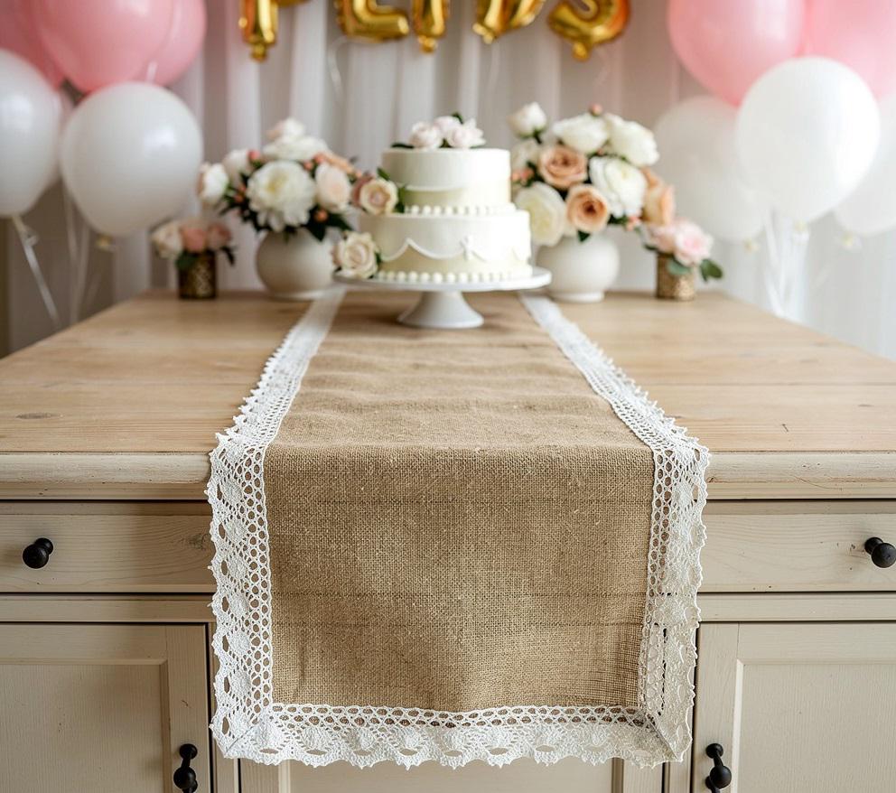 Burlap Table Runner Crochet Lace Tassel | Jute Farmhouse Boho | Rustic Wedding | Baby Shower Dining