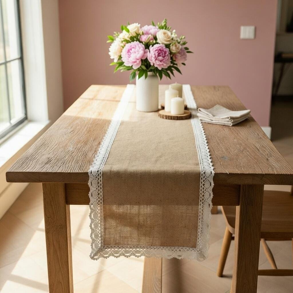 Burlap Table Runner Crochet Lace Tassel | Jute Farmhouse Boho | Rustic Wedding | Baby Shower Dining