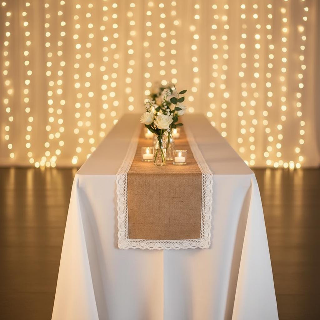 Burlap Table Runner Crochet Lace Tassel | Jute Farmhouse Boho | Rustic Wedding | Baby Shower Dining