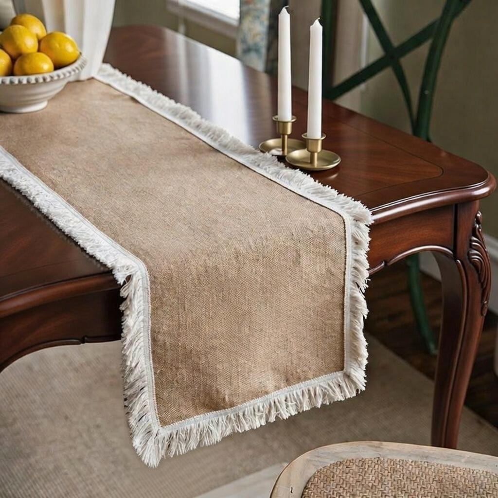 Burlap Table Runner Crochet Lace Tassel | Jute Farmhouse Boho | Rustic Wedding | Baby Shower Dining
