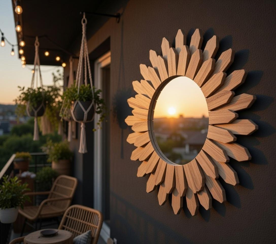 Sunflower wall mirror with wood petal frame in boho living room decor — round farmhouse mirror