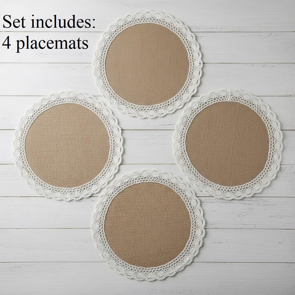 Handmade round Burlap Placemats Set of 4 | Boho Farmhouse Crochet Lace Table Mats