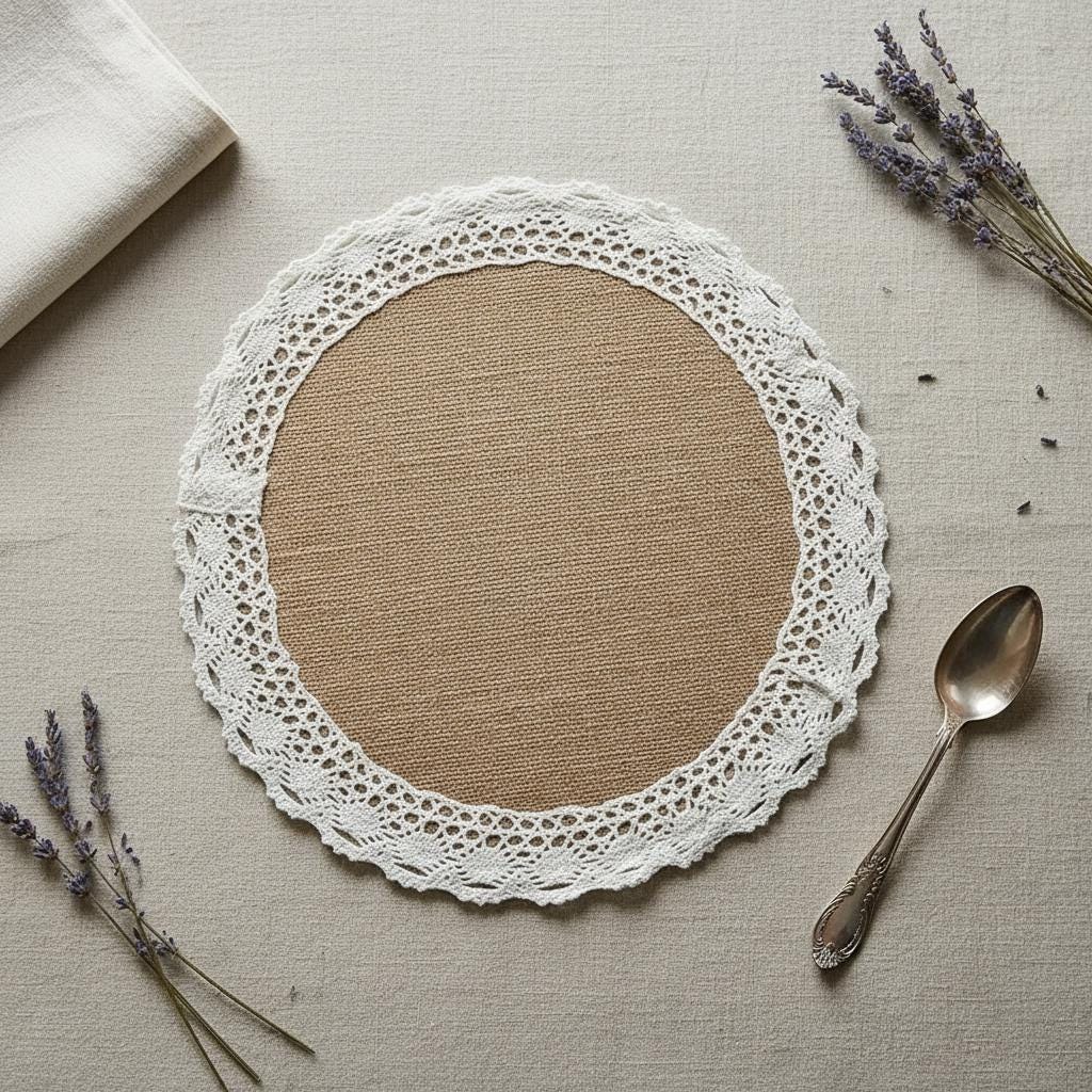 Handmade round Burlap Placemats Set of 4 | Boho Farmhouse Crochet Lace Table Mats
