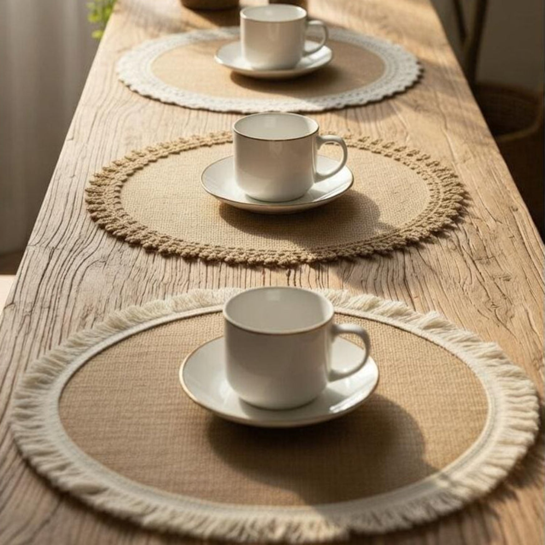 Overhead view of full table setting with round burlap placemats