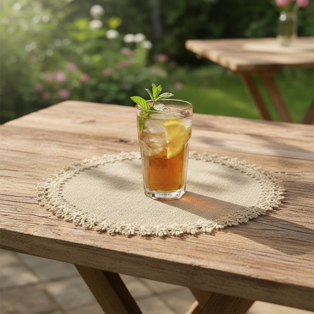 Handmade round Burlap Placemats Set of 4 | Boho Farmhouse Crochet Lace Table Mats