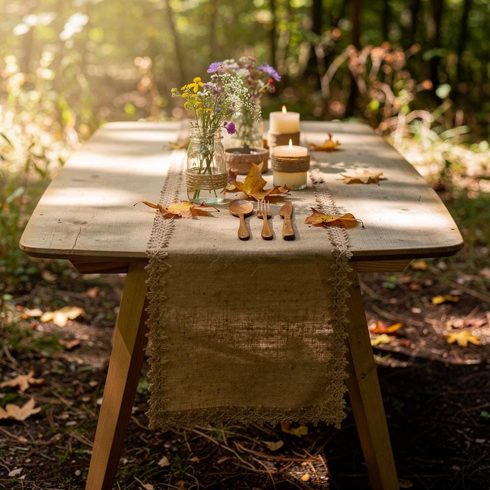 Burlap Table Runner Crochet Lace Tassel | Jute Farmhouse Boho | Rustic Wedding | Baby Shower Dining