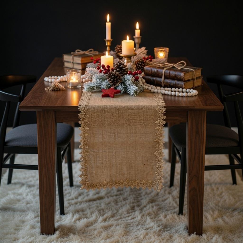 Burlap Table Runner Crochet Lace Tassel | Jute Farmhouse Boho | Rustic Wedding | Baby Shower Dining