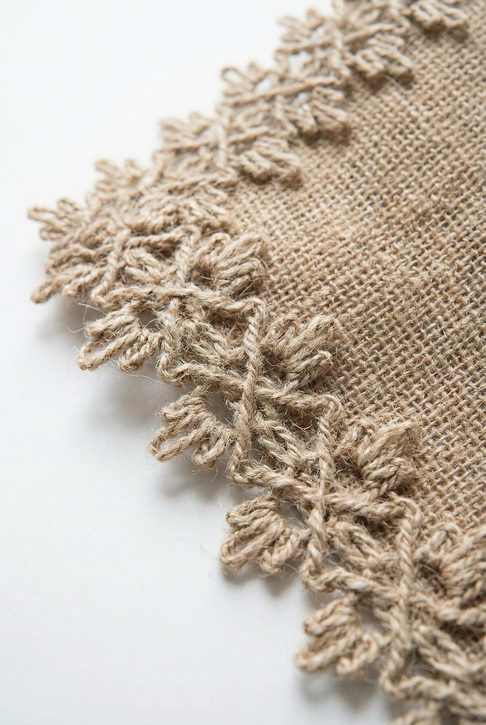 Burlap Table Runner Crochet Lace Tassel | Jute Farmhouse Boho | Rustic Wedding | Baby Shower Dining
