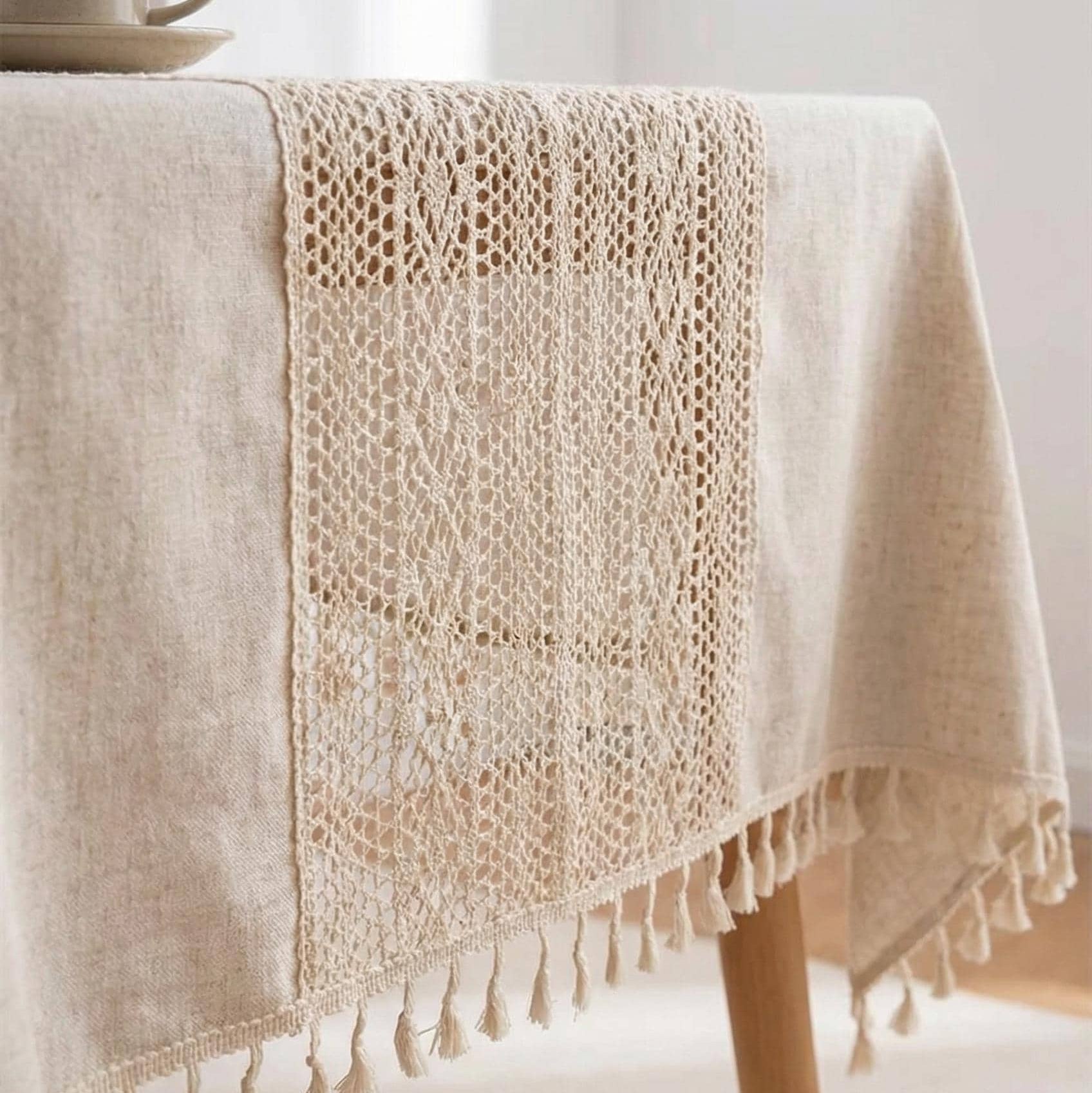 Crochet Tassel Tablecloth | Boho Farmhouse Lace Rectangle Table Cloth for Dining, Wedding & Christmas Decor