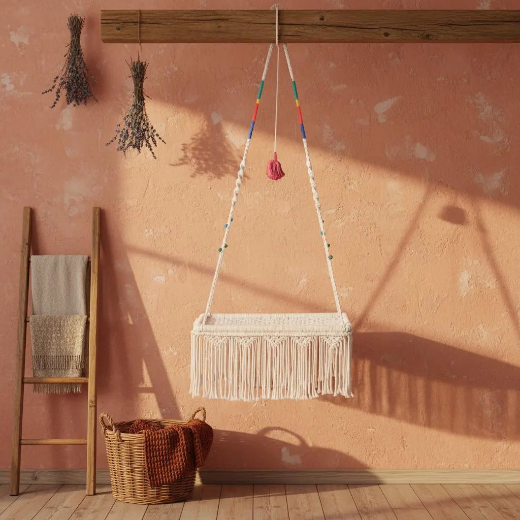 Farmhouse-style macrame cat bed hanging near a woven basket and vintage trunk