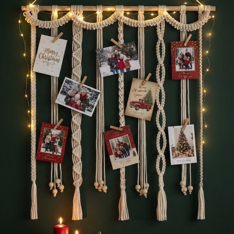 Suspension en macramé avec cartes de Noël, pinces en bois et guirlande lumineuse sur un mur vert foncé avec bougies rouges