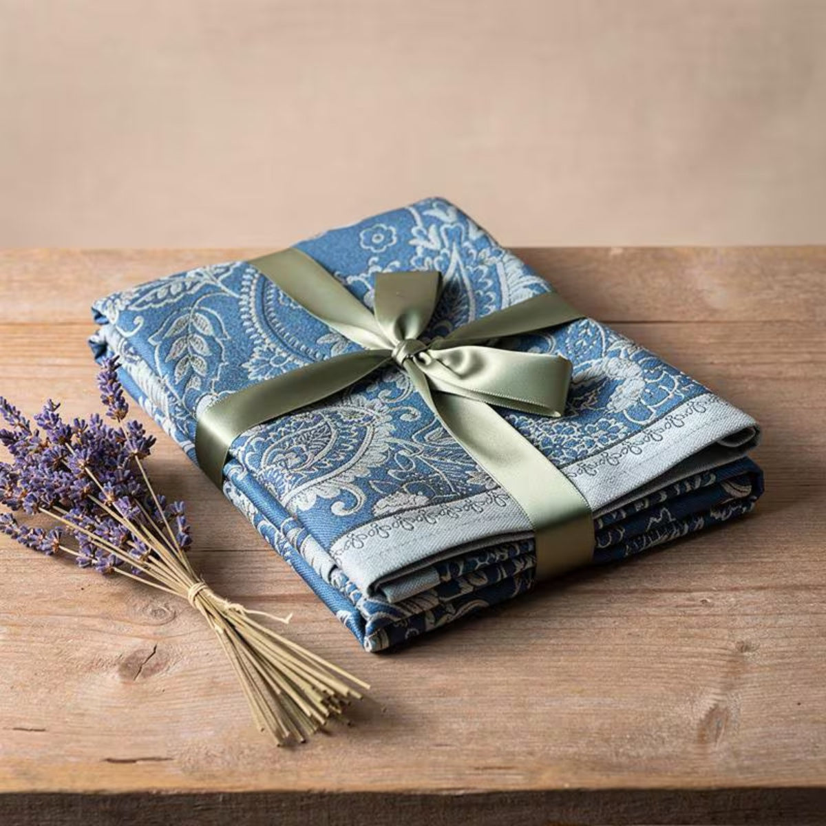 Navy paisley table runner with tassels, view 18
