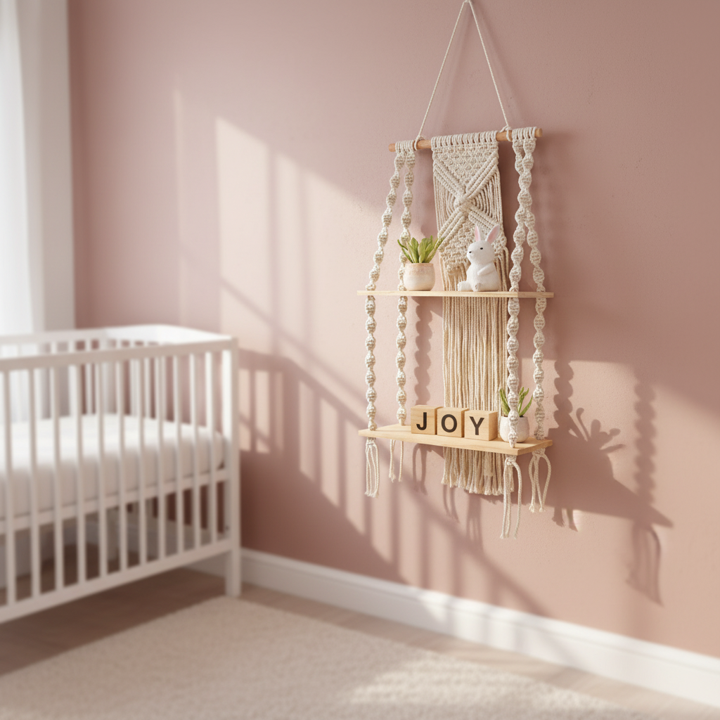 Macrame wall shelf in pink nursery room with wooden boards as nursery wall decor accent piece