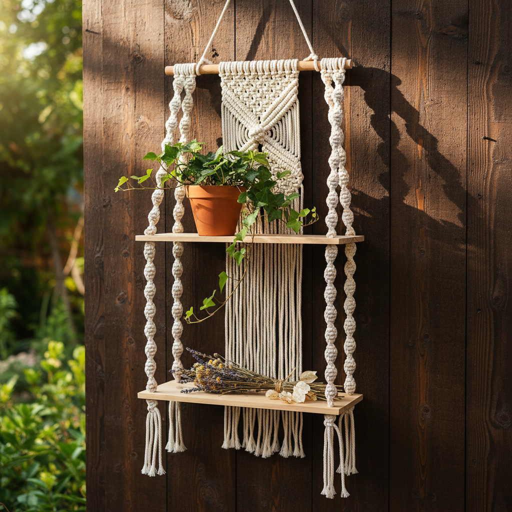 Macrame hanging plant shelf with cotton cord and wooden boards styled with potted plants outdoors