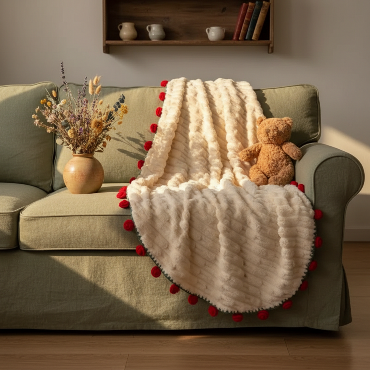 Cream rose bouquet throw blanket on beige sofa with teddy bear — cozy sofa blanket soft floral gift for women home styling