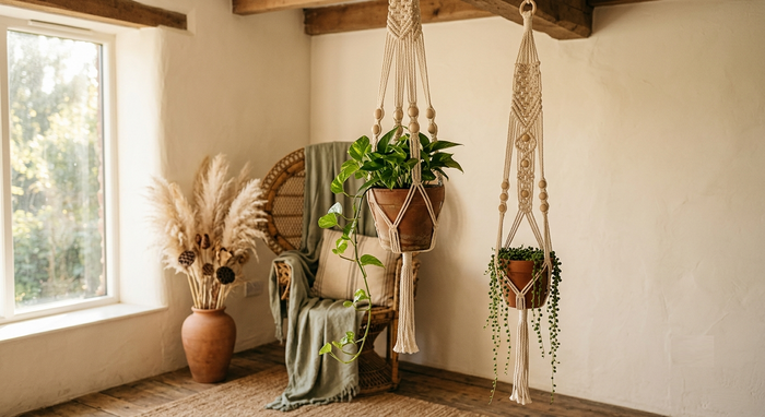 Macrame plant hanger with tiered pothos and string of pearls hanging from a wooden beam in a boho living room corner