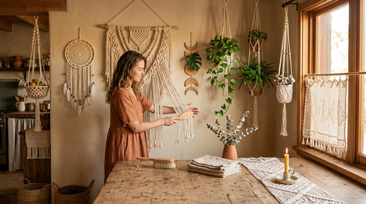 Hands gently cleaning a macrame natural fiber wall hanging