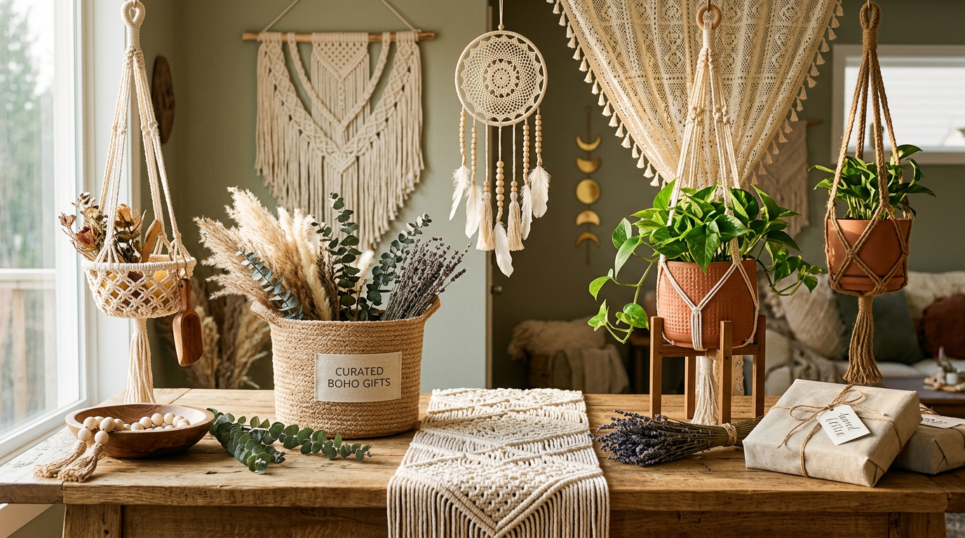 Collection of boho home decor gifts including dreamcatchers and macrame wall art