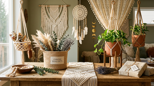 Collection of boho home decor gifts including dreamcatchers and macrame wall art