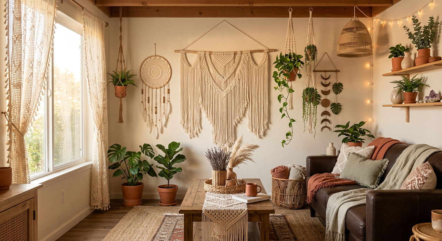 Boho living room styled with macrame wall hanging, natural textures and woven decor