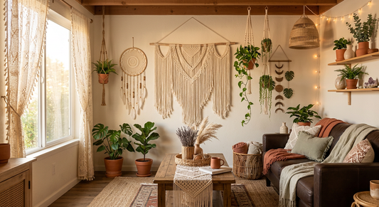 Boho living room styled with macrame wall hanging, natural textures and woven decor