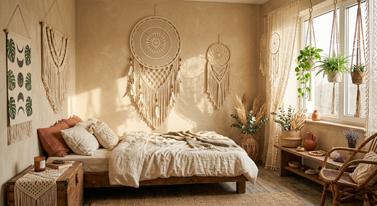 Handmade boho dreamcatcher with feathers and beads hanging on a wall