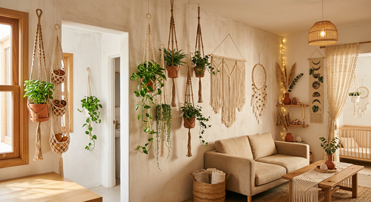 Macrame plant hanger with trailing green plant in a boho-styled room