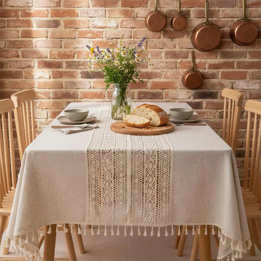 Crochet Tassel Tablecloth | Boho Farmhouse Lace Rectangle Table Cloth for Dining, Wedding & Christmas Decor