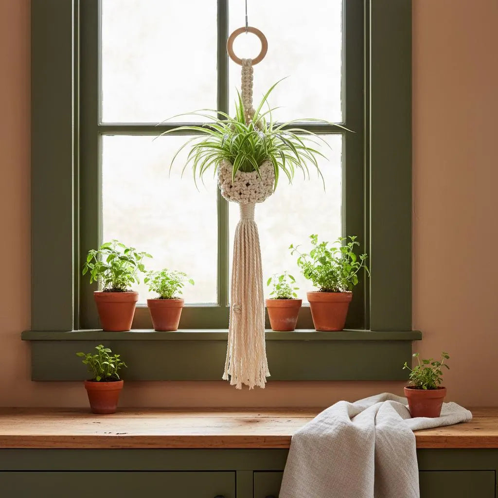 Macrame Plant Hanger Air Plant Holder | Boho Wall Hanging Crochet Planter | Farmhouse Decor Set