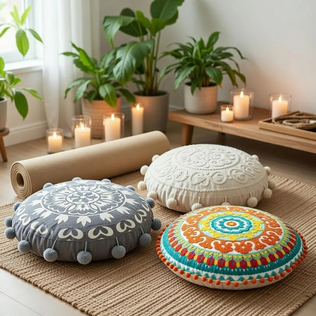 Mandala round Pillow Cover 18" Embroidered Cotton Cushion Boho Ethnic Home Decor