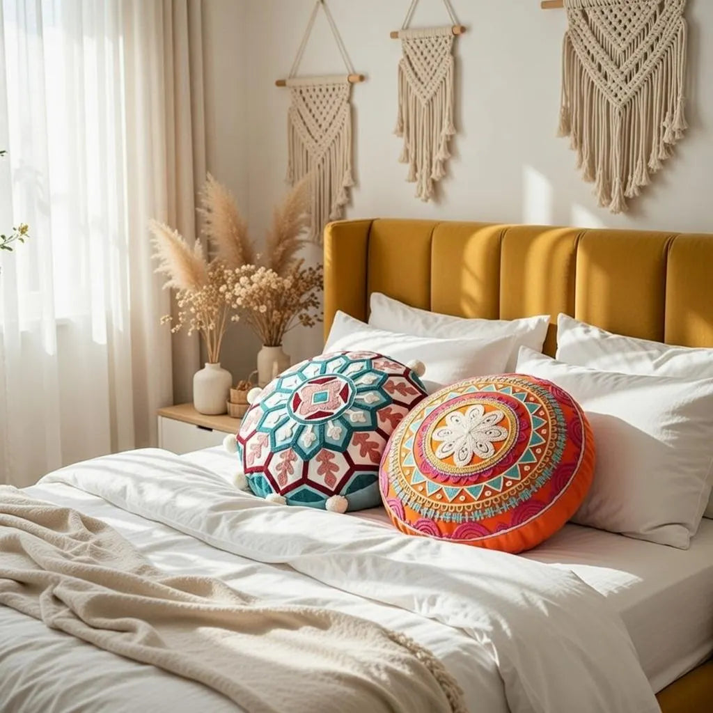Round Mandala Pillow Cover 18" Embroidered Boho Cushion Ethnic Home Decor