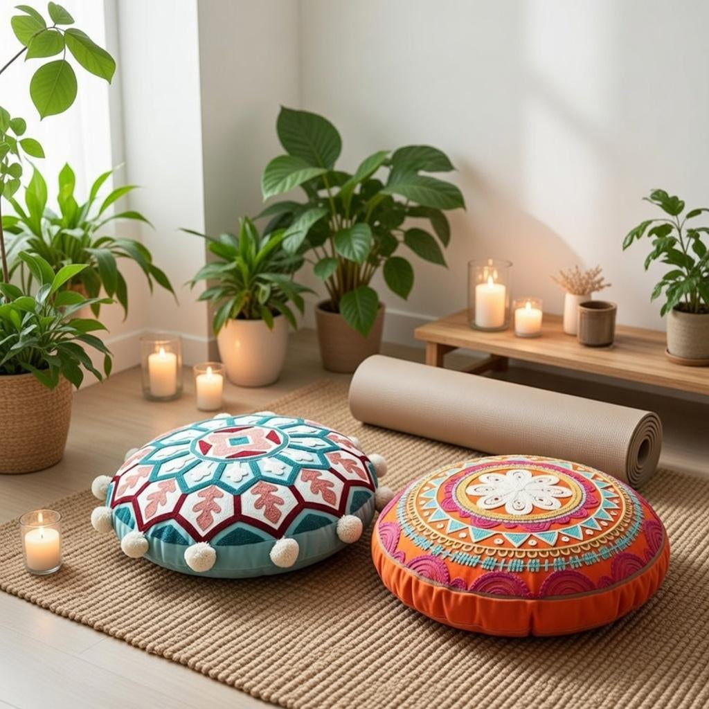 Round Mandala Pillow Cover 18" Embroidered Boho Cushion Ethnic Home Decor