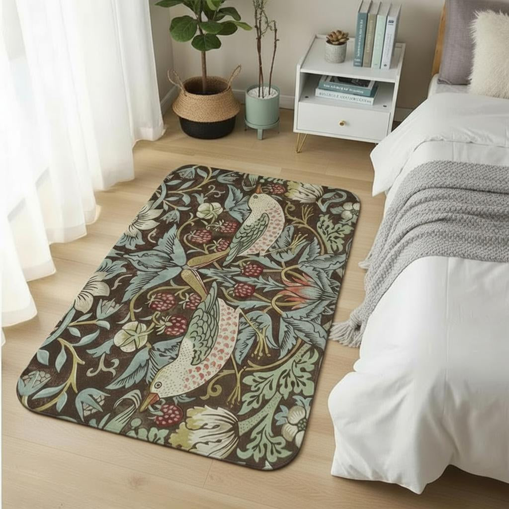 Dark green William Morris floral area rug in a bedroom with grey and white bedding